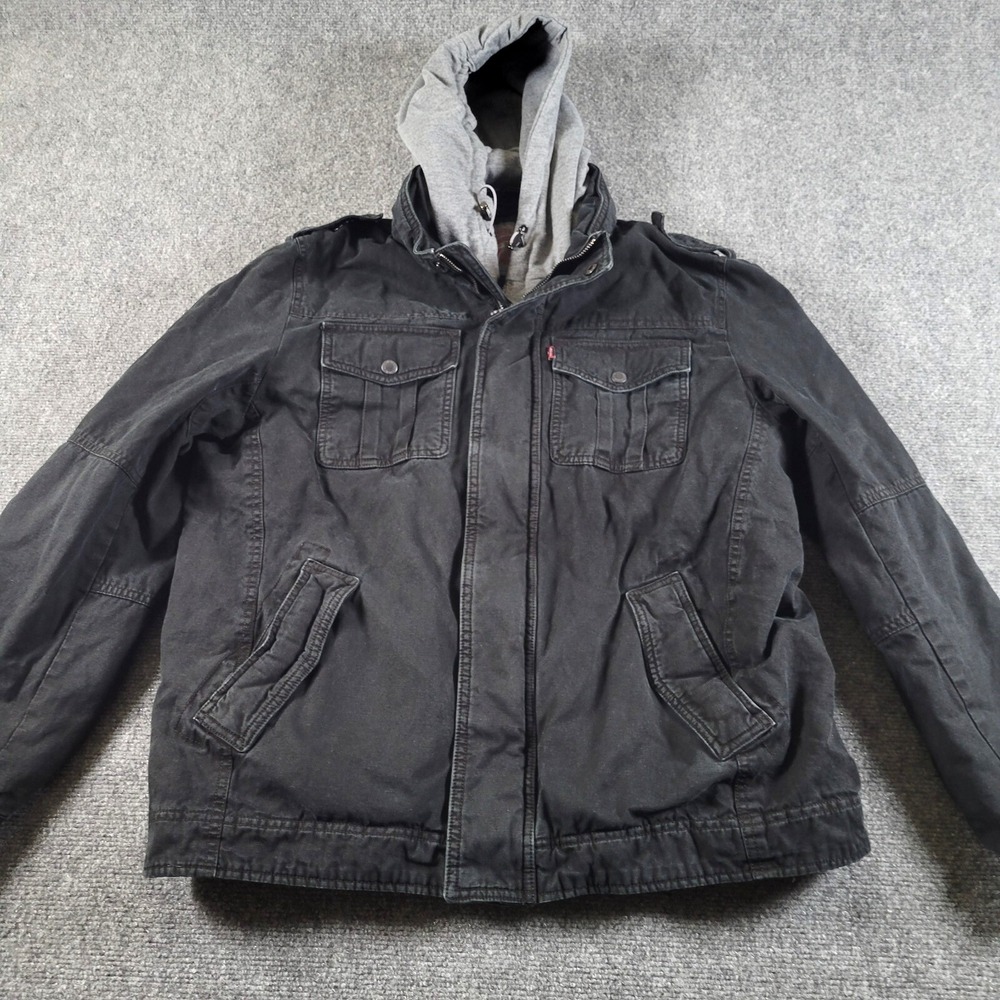 Levis Jacket Mens L Trucker Large Black Denim Removable Hoodie Biker Rugged